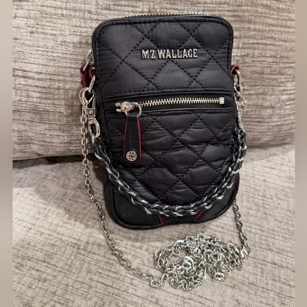 MZ WALLACE Black, Quilted Micro Crosby Crossbody Phone Bag with Silver Chain